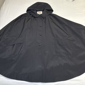 Talbots Vtg Black Cape Coat Jacket Button Front Hooded Lined Womens One Size EUC